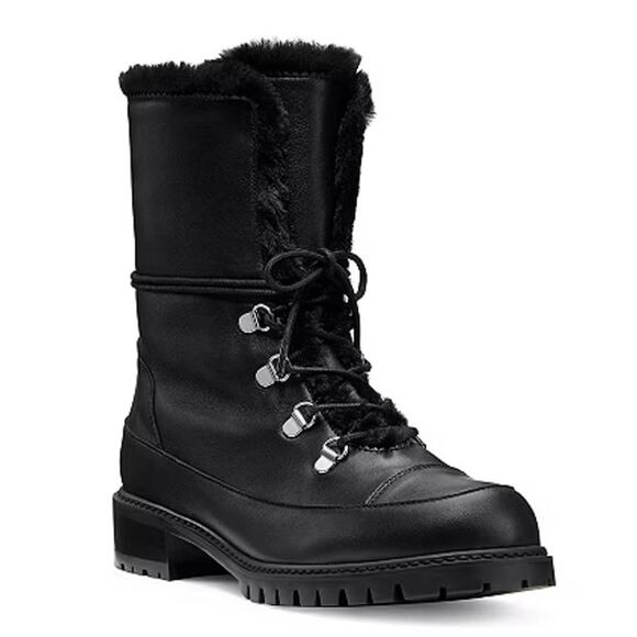 Stuart Weitzman Shoes - Stuart Weitzman Luge Boots Leather Faux Shearling Lace Up Mid Calf Combat Boots
